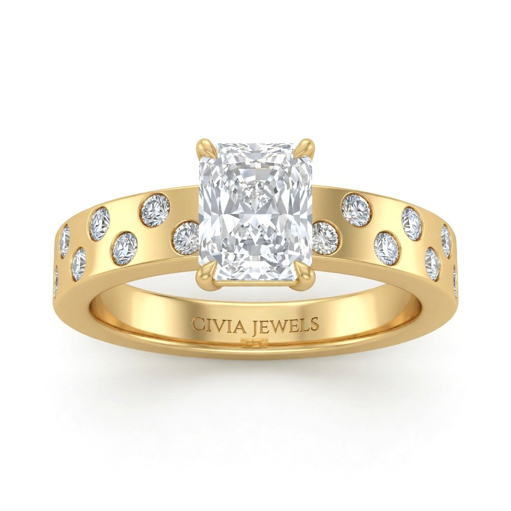 Yellow Gold Radiant Diamond Scattered Engagement Ring With Flush Set Accent Band