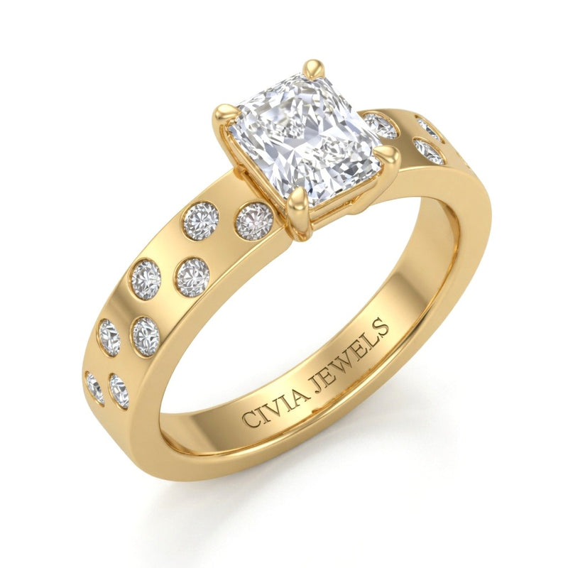 Yellow Gold Radiant Diamond Scattered Engagement Ring With Flush Set Accent Band