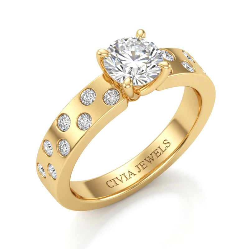 Yellow Gold Round Diamond Scattered Engagement Ring With Flush Set Accent Band