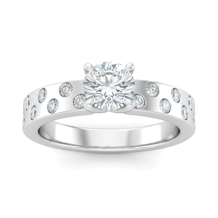 Silver Round Diamond Scattered Engagement Ring With Flush Set Accent Band