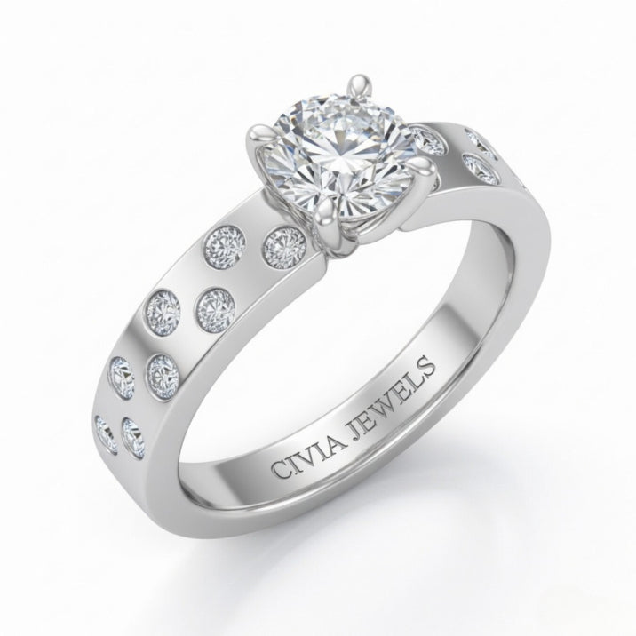 White Gold Round Diamond Scattered Engagement Ring With Flush Set Accent Band