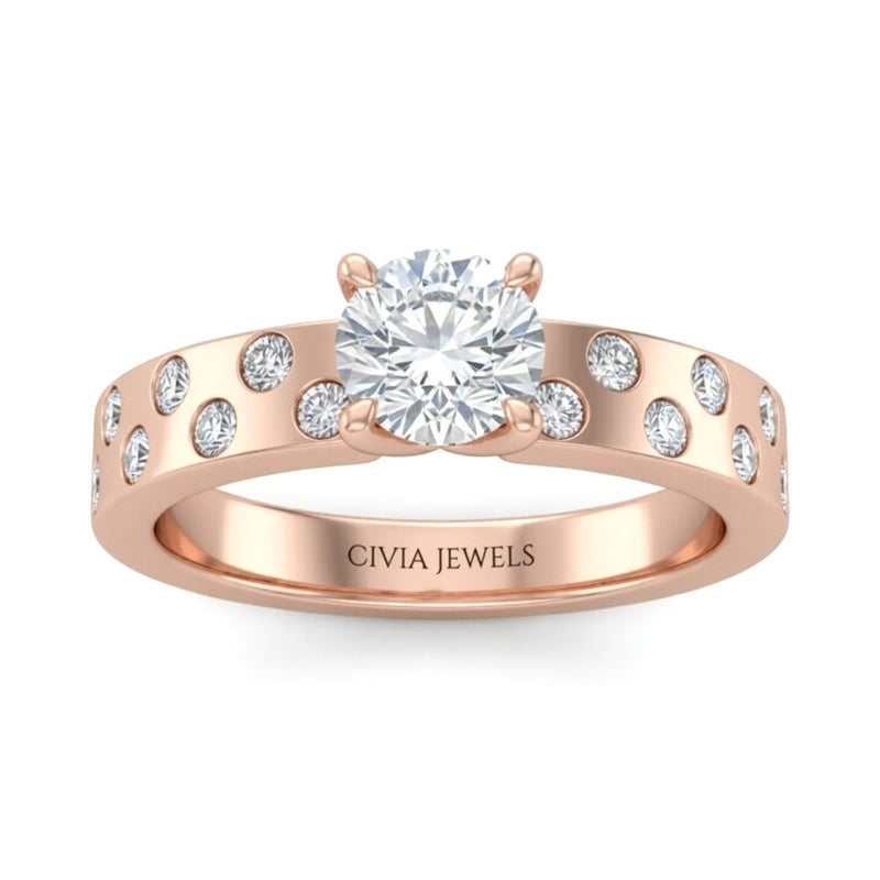 Rose Gold Round Diamond Scattered Engagement Ring With Flush Set Accent Band