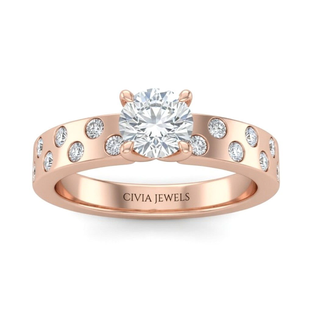 Rose Gold Round Diamond Scattered Engagement Ring With Flush Set Accent Band