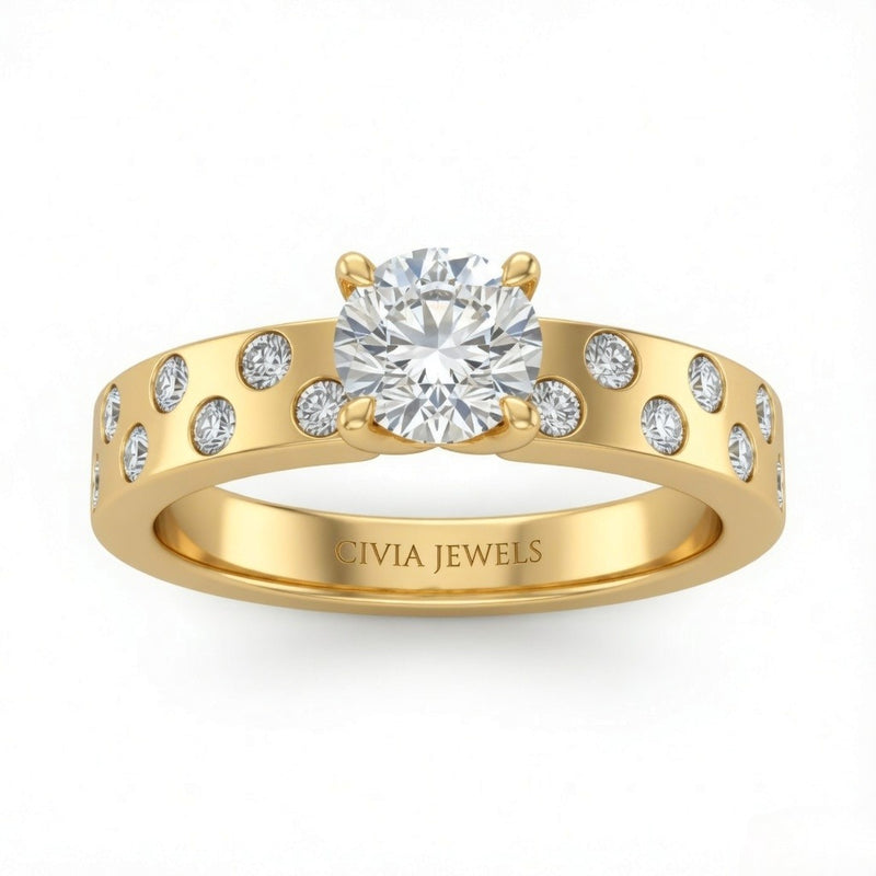Yellow Gold Round Diamond Scattered Engagement Ring With Flush Set Accent Band