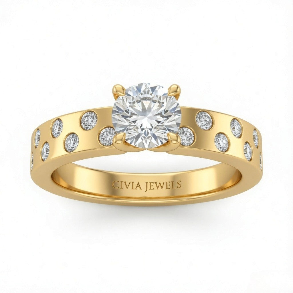 Yellow Gold Round Diamond Scattered Engagement Ring With Flush Set Accent Band