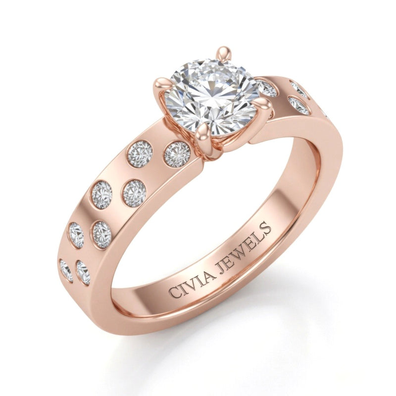 Rose Gold Round Diamond Scattered Engagement Ring With Flush Set Accent Band