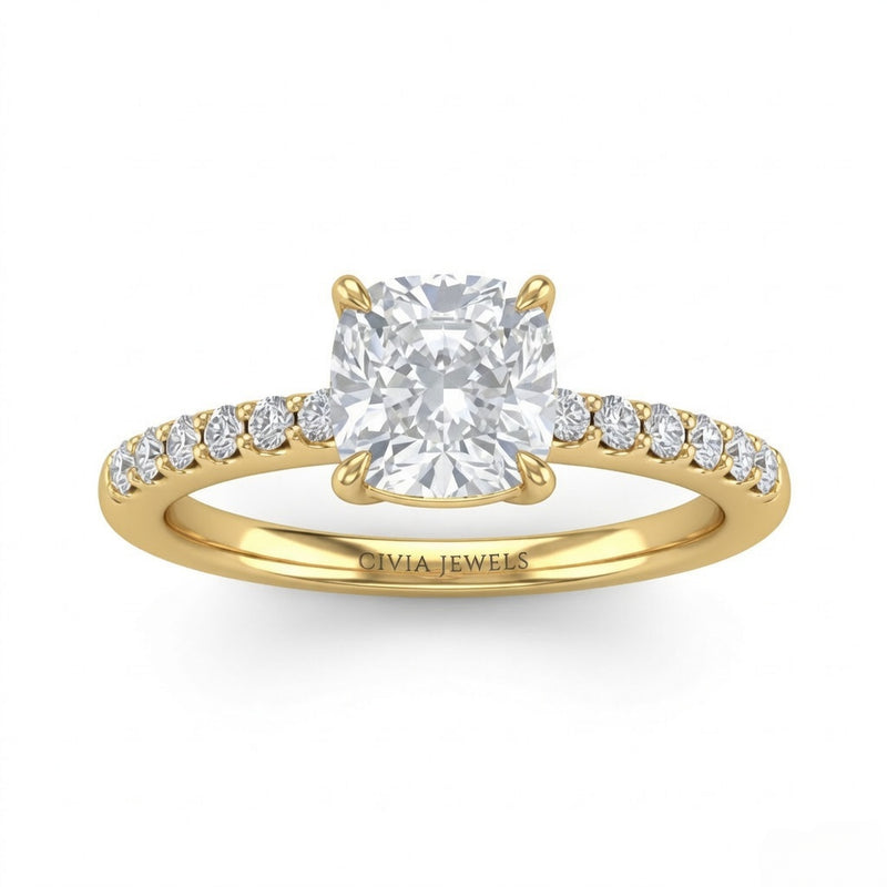 Yellow Gold Cushion Diamond Solitaire Engagement Ring With Graduated Pave Band