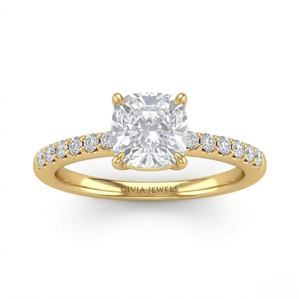 Yellow Gold Cushion Diamond Solitaire Engagement Ring With Graduated Pave Band