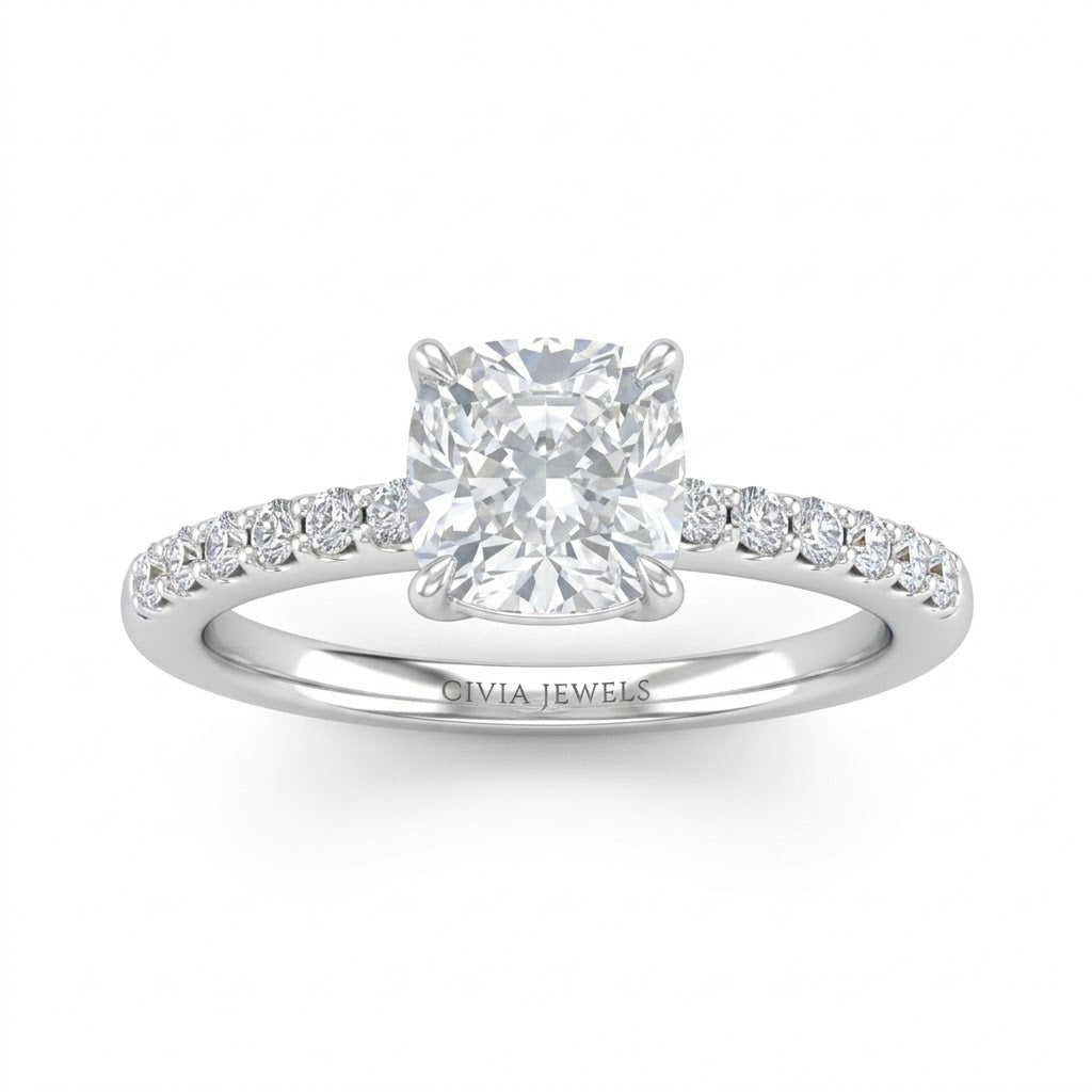 Silver Cushion Diamond Solitaire Engagement Ring With Graduated Pave Band
