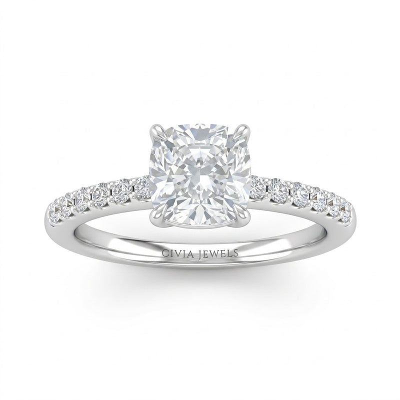 White Gold Cushion Diamond Solitaire Engagement Ring With Classic Pave Band