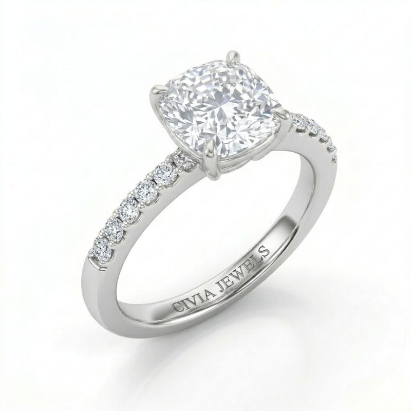 Silver Cushion Diamond Solitaire Engagement Ring With Classic Pave Band
