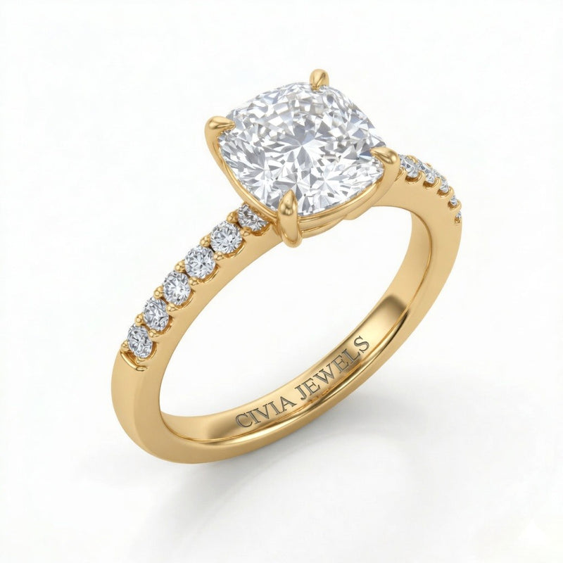 Yellow Gold Cushion Diamond Solitaire Engagement Ring With Graduated Pave Band