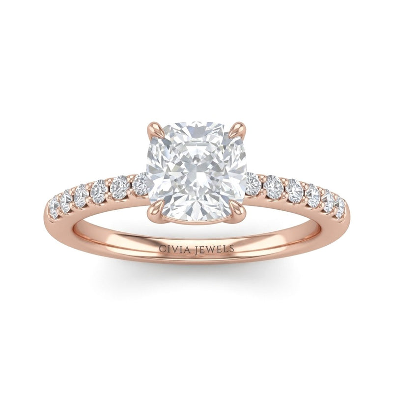 Rose Gold Cushion Diamond Solitaire Engagement Ring With Classic Pave Band