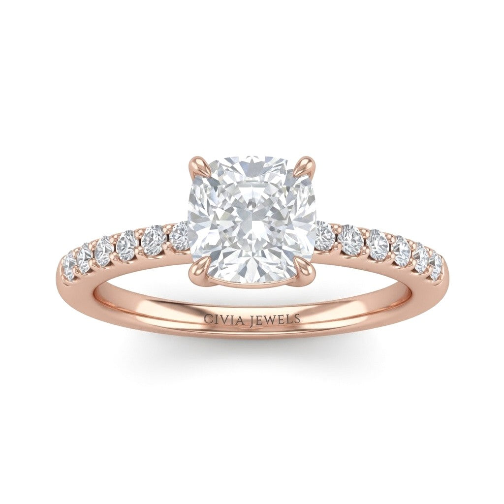 Rose Gold Cushion Diamond Solitaire Engagement Ring With Classic Pave Band