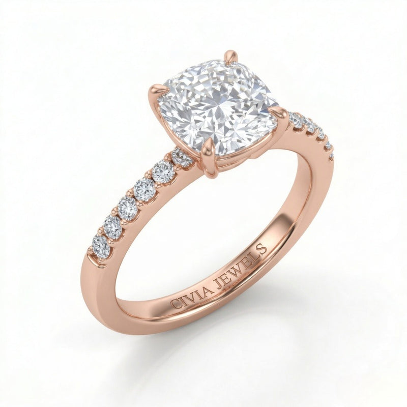 Rose Gold Cushion Diamond Solitaire Engagement Ring With Classic Pave Band