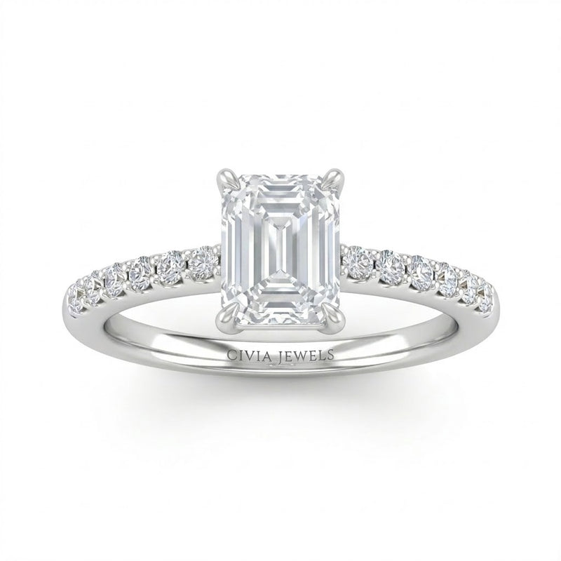 White Gold Emerald Diamond Solitaire Engagement Ring With Classic Pave Band