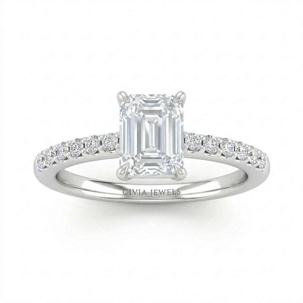 White Gold Emerald Diamond Solitaire Engagement Ring With Classic Pave Band