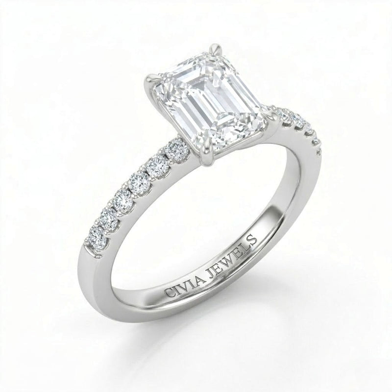 Silver Emerald Diamond Solitaire Engagement Ring With Graduated Pave Band