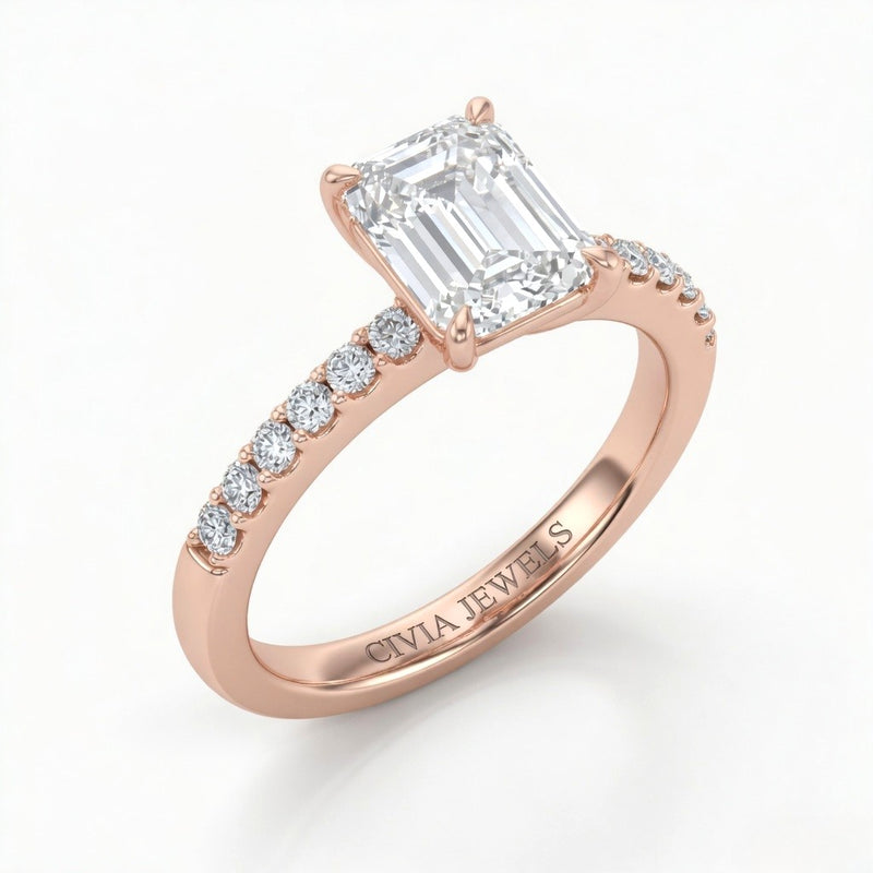 Rose Gold Emerald Diamond Solitaire Engagement Ring With Graduated Pave Band