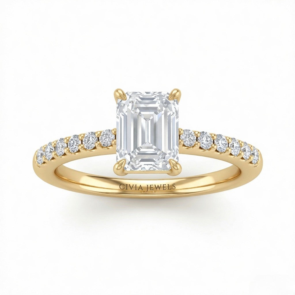 Yellow Gold Emerald Diamond Solitaire Engagement Ring With Graduated Pave Band