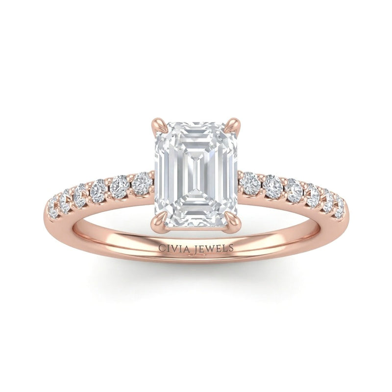 Rose Gold Emerald Diamond Solitaire Engagement Ring With Graduated Pave Band