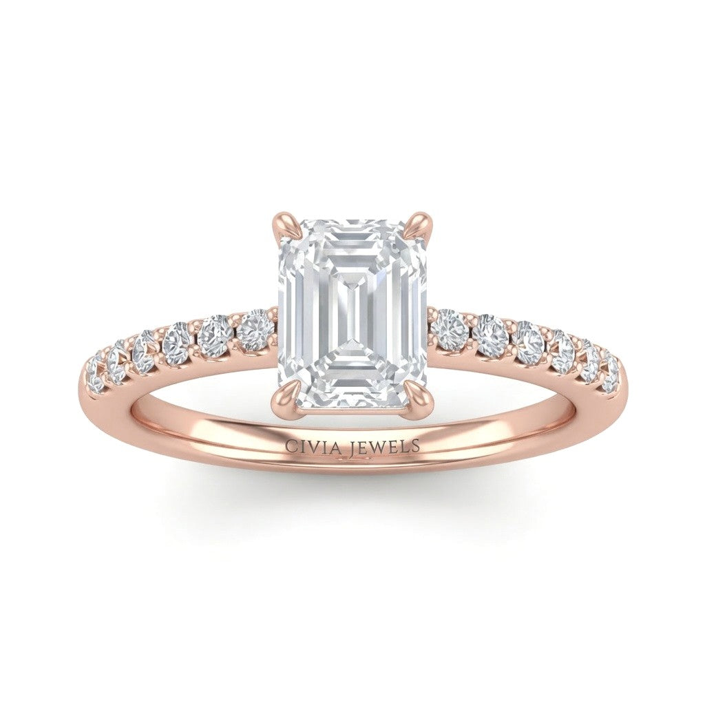 Rose Gold Emerald Diamond Solitaire Engagement Ring With Classic Pave Band