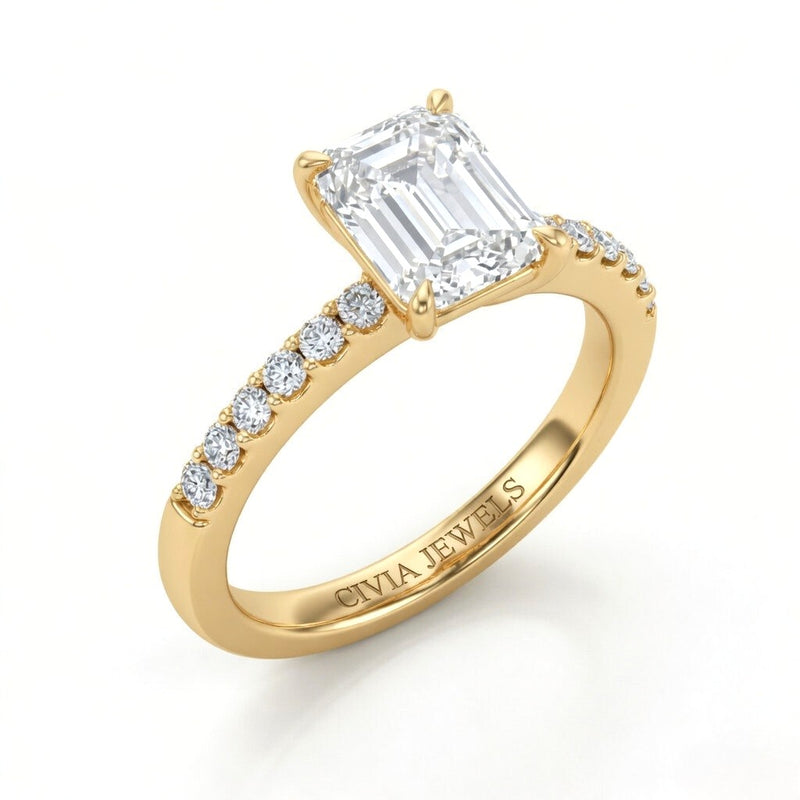 Yellow Gold Emerald Diamond Solitaire Engagement Ring With Classic Pave Band