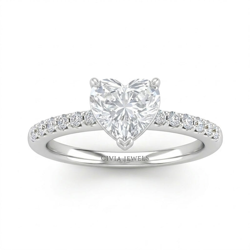 Silver Heart Diamond Solitaire Engagement Ring With Classic Pave Band
