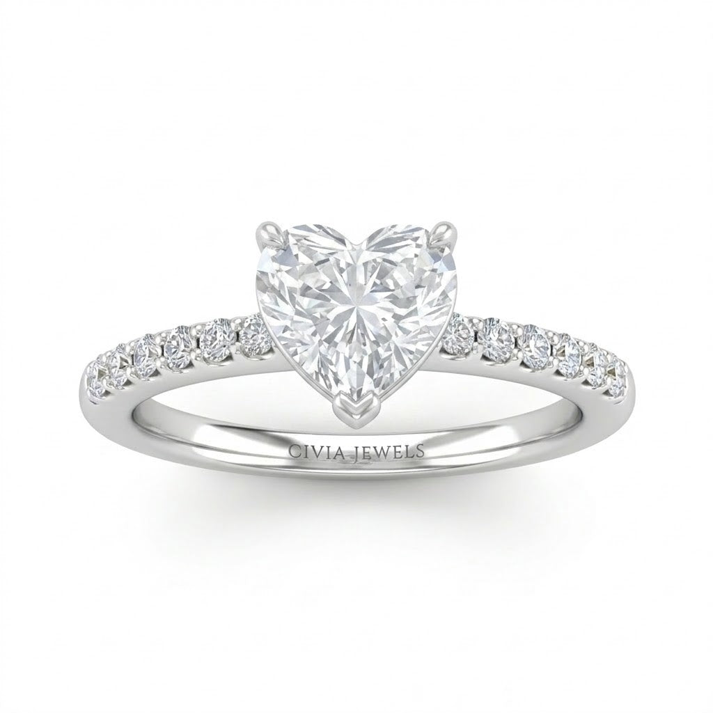 Silver Heart Diamond Solitaire Engagement Ring With Classic Pave Band