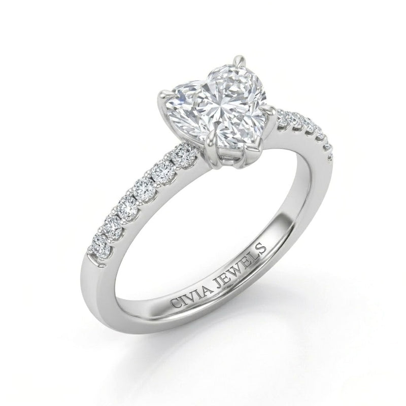 Silver Heart Diamond Solitaire Engagement Ring With Classic Pave Band