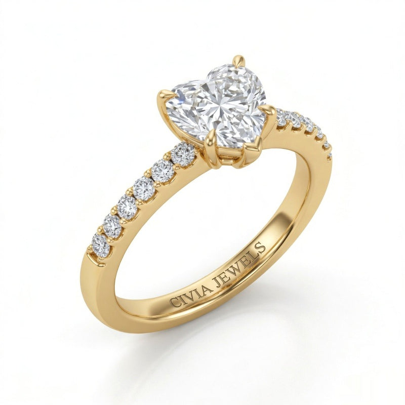 Yellow Gold Heart Diamond Solitaire Engagement Ring With Classic Pave Band