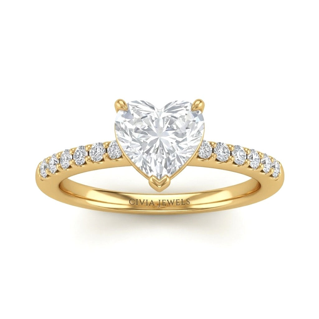 Yellow Gold Heart Diamond Solitaire Engagement Ring With Graduated Pave Band