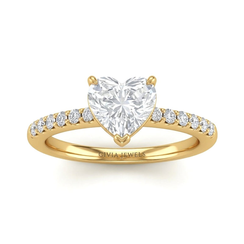 Yellow Gold Heart Diamond Solitaire Engagement Ring With Classic Pave Band