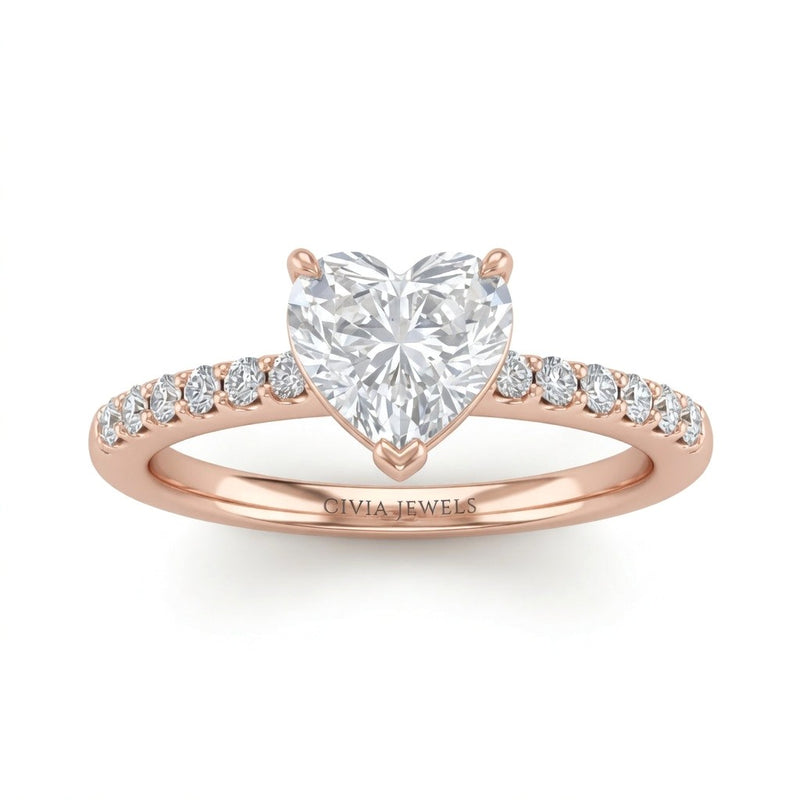 Rose Gold Heart Diamond Solitaire Engagement Ring With Classic Pave Band
