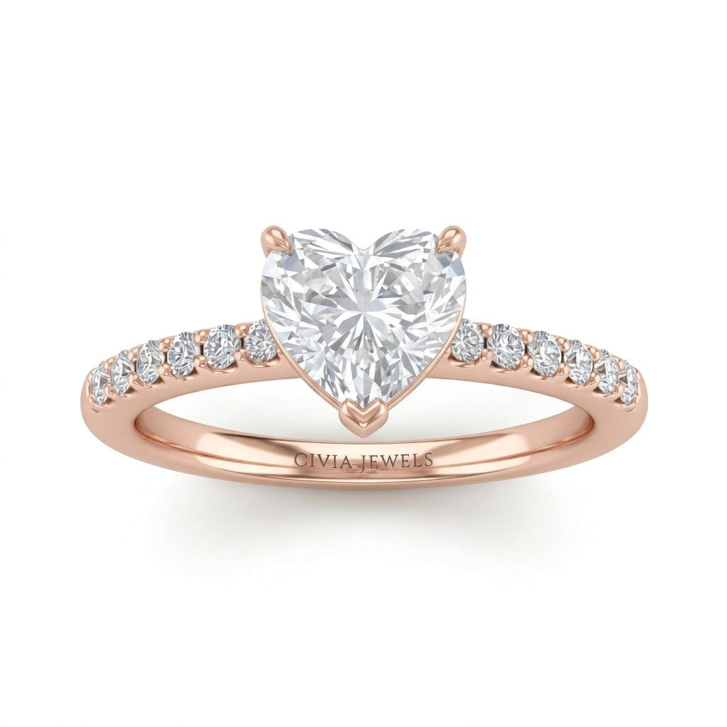 Rose Gold Heart Diamond Solitaire Engagement Ring With Classic Pave Band