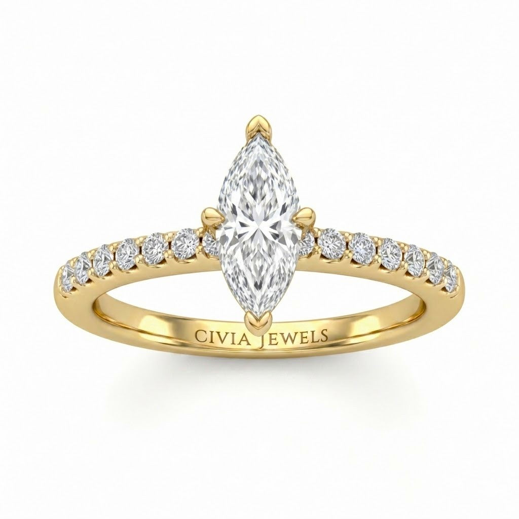 Yellow Gold Marquise Diamond Solitaire Engagement Ring With Graduated Pave Band