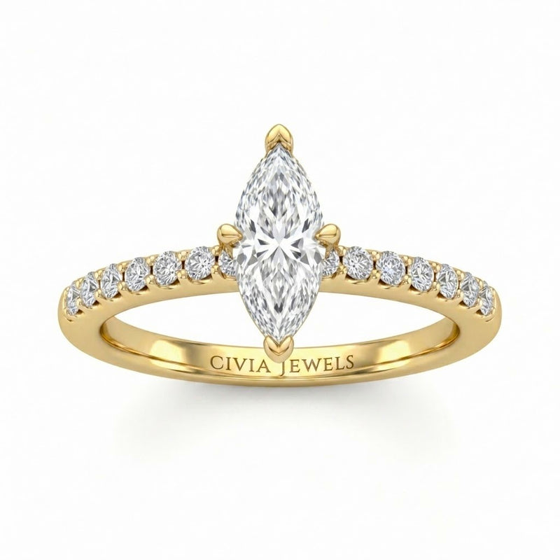 Yellow Gold Marquise Diamond Solitaire Engagement Ring With Classic Pave Band