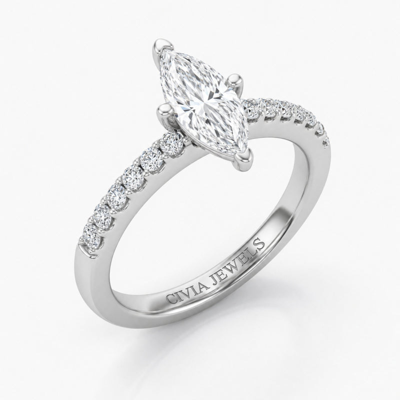 Silver Marquise Diamond Solitaire Engagement Ring With Graduated Pave Band