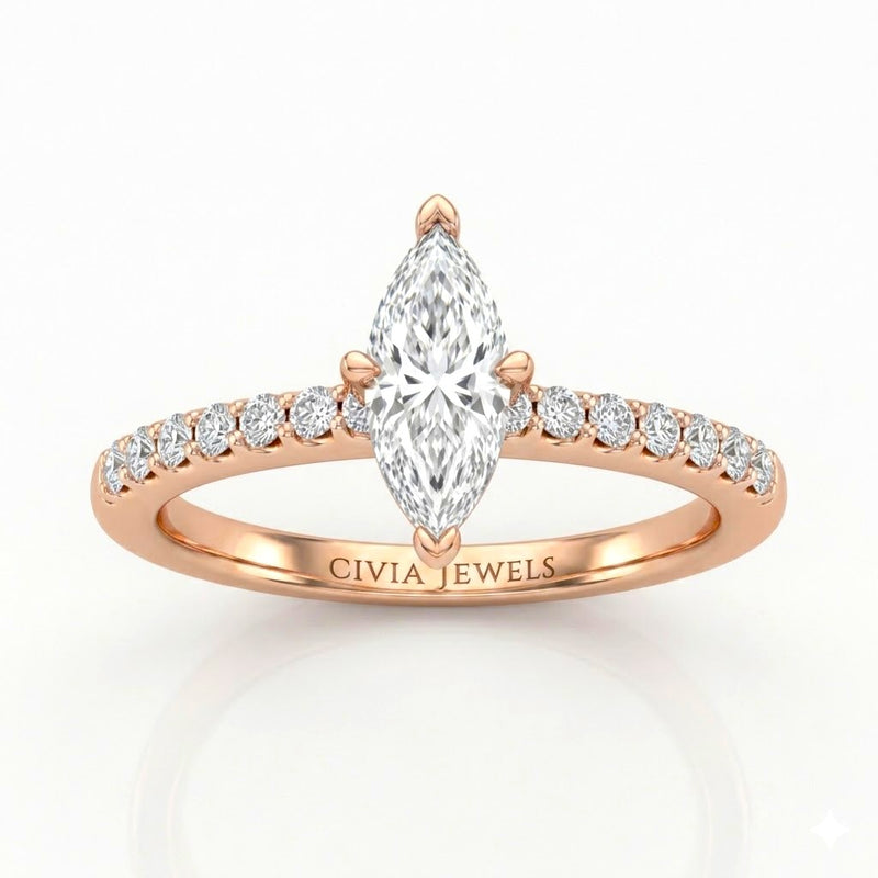 Rose Gold Marquise Diamond Solitaire Engagement Ring With Classic Pave Band