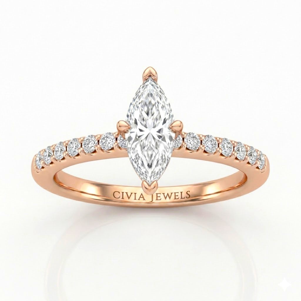Rose Gold Marquise Diamond Solitaire Engagement Ring With Graduated Pave Band