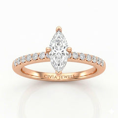 Rose Gold Marquise Diamond Solitaire Engagement Ring With Graduated Pave Band