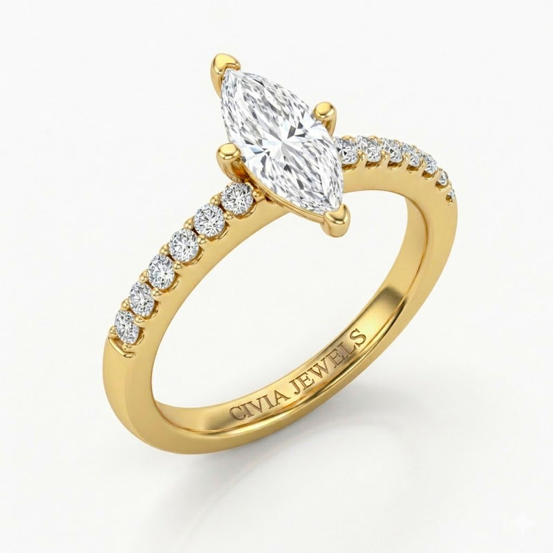 Yellow Gold Marquise Diamond Solitaire Engagement Ring With Graduated Pave Band