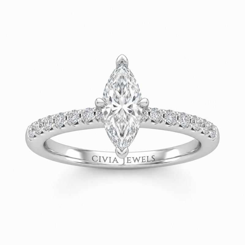 Silver Marquise Diamond Solitaire Engagement Ring With Graduated Pave Band