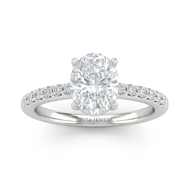 Silver Oval Diamond Solitaire Engagement Ring With Classic Pave Band