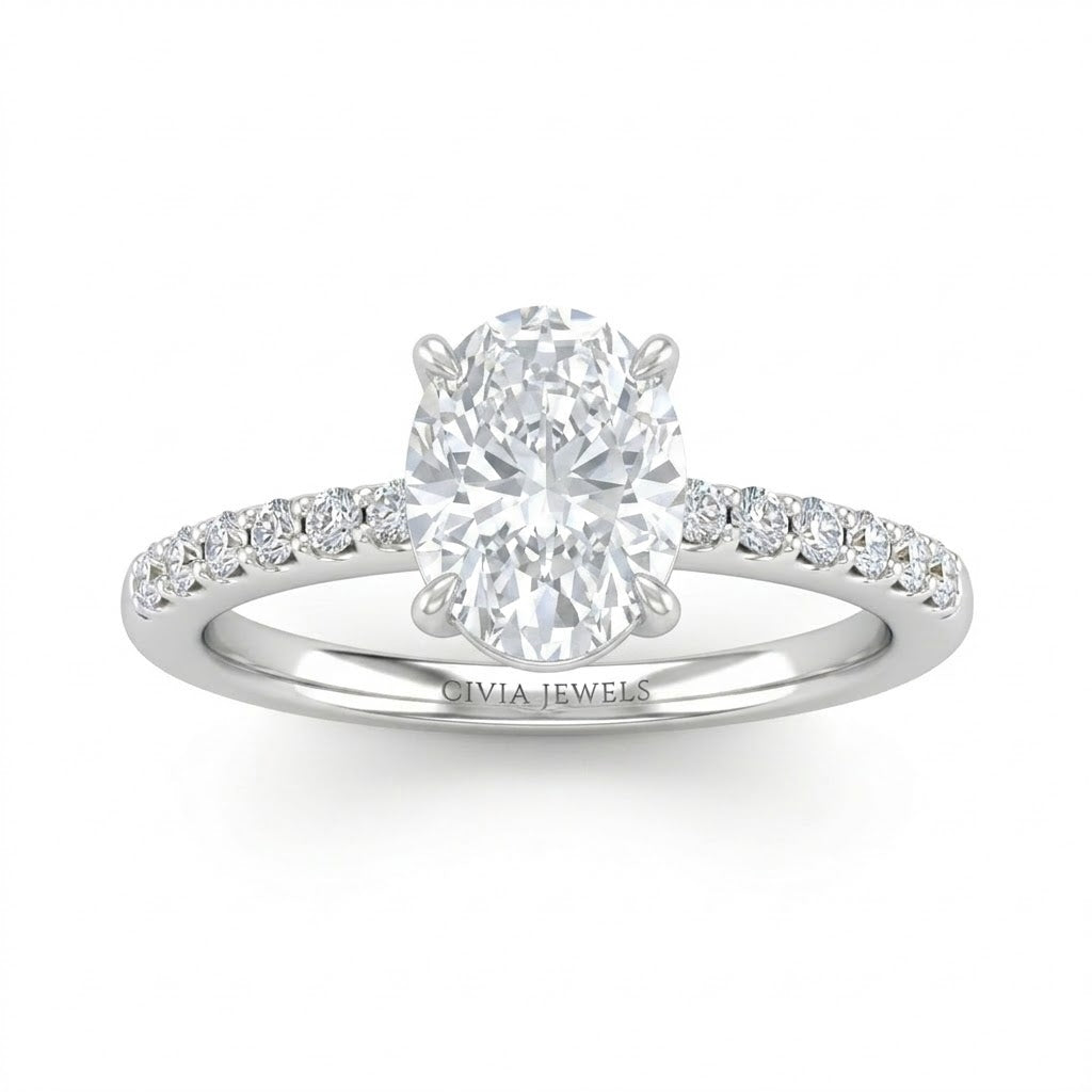 Silver Oval Diamond Solitaire Engagement Ring With Classic Pave Band