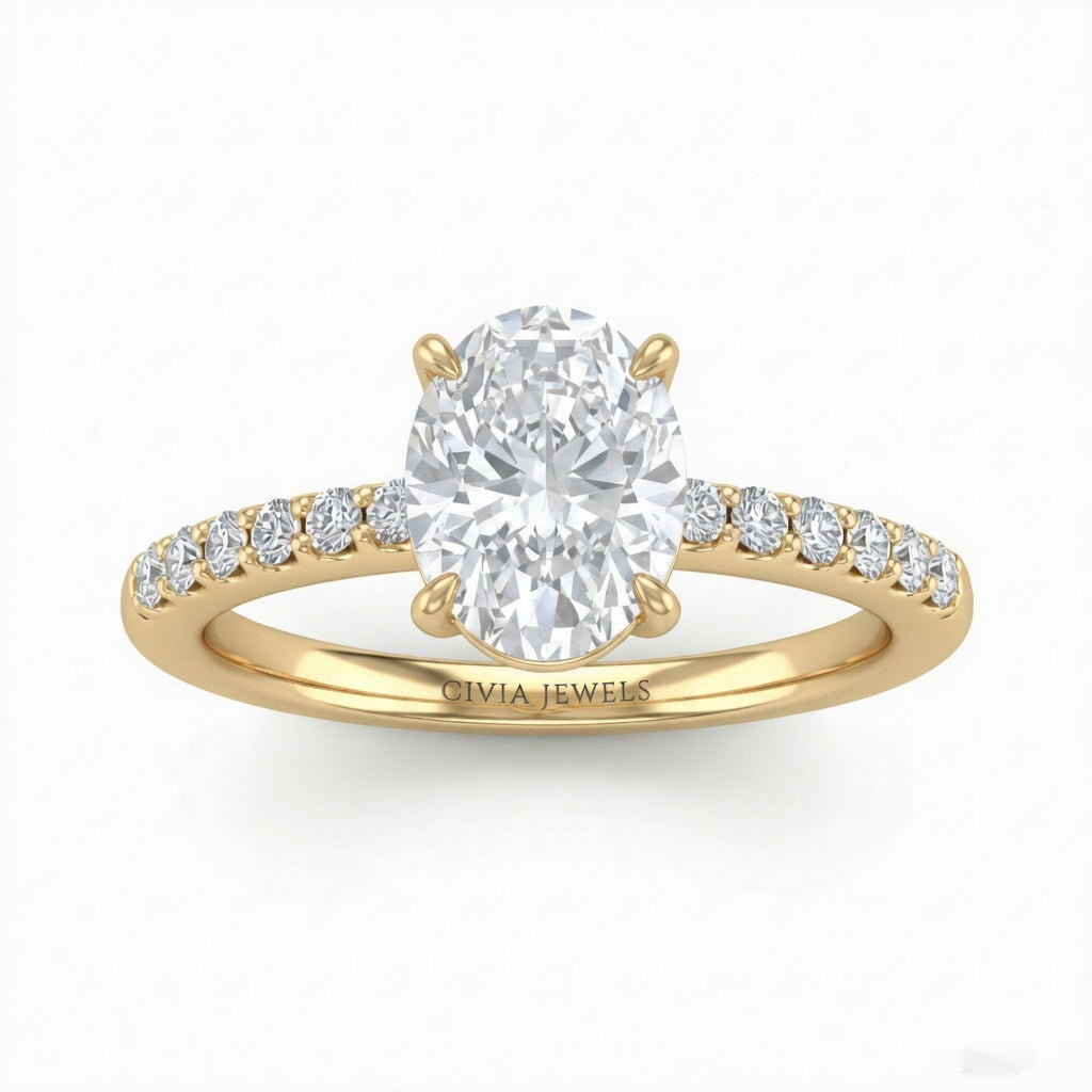 Yellow Gold Oval Diamond Solitaire Engagement Ring With Graduated Pave Band