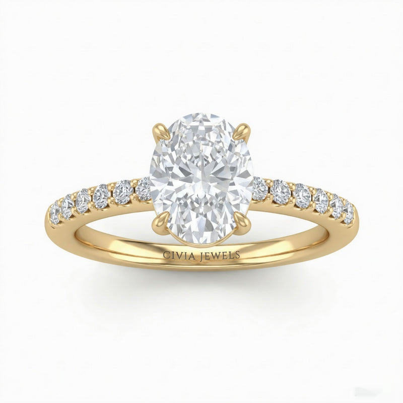 Yellow Gold Oval Diamond Solitaire Engagement Ring With Classic Pave Band