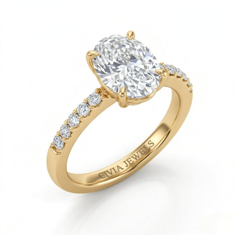 Yellow Gold Oval Diamond Solitaire Engagement Ring With Classic Pave Band