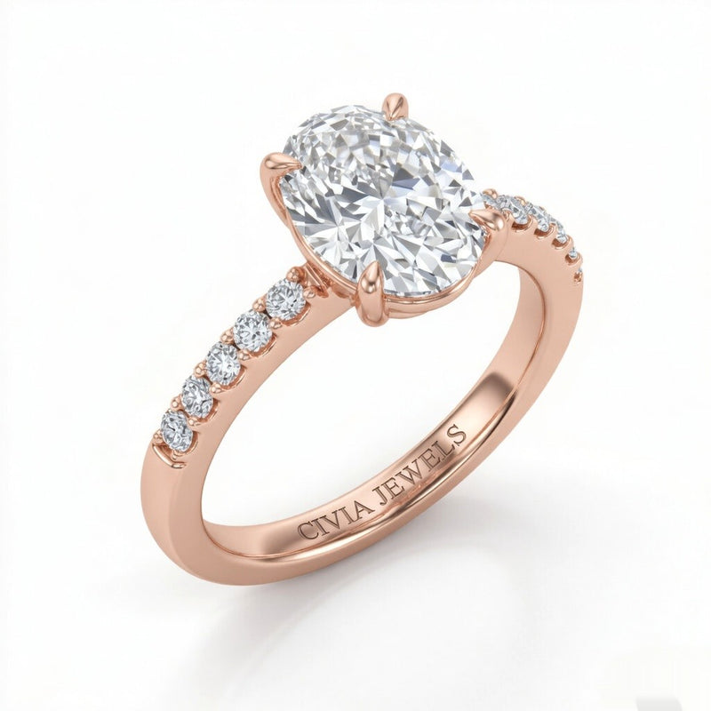 Rose Gold Oval Diamond Solitaire Engagement Ring With Classic Pave Band