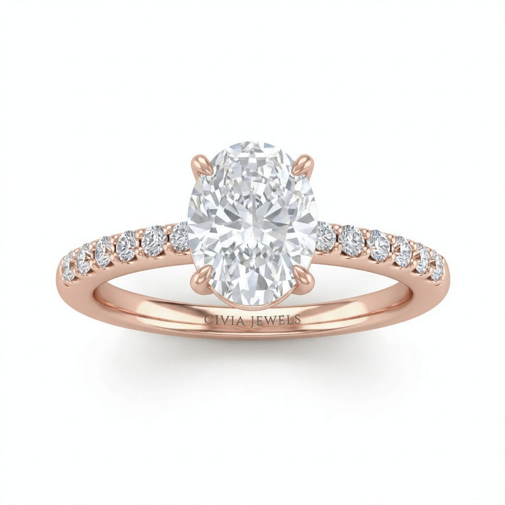 Rose Gold Oval Diamond Solitaire Engagement Ring With Graduated Pave Band